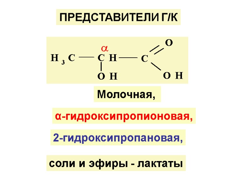 ПРЕДСТАВИТЕЛИ Г/К соли и эфиры - лактаты Молочная,  2-гидроксипропановая, α-гидроксипропионовая,